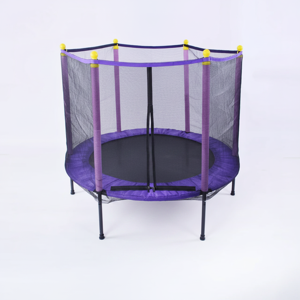 Purple trampoline with safety net on a white background