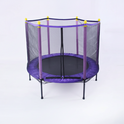 Purple trampoline with safety net on a white background