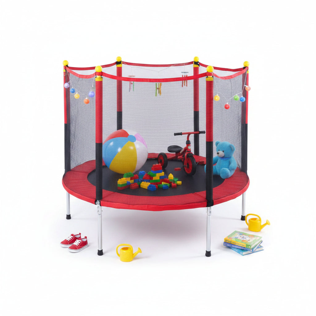 Red and black trampoline with safety net on a white background