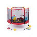 Red and black trampoline with safety net on a white background