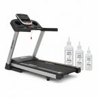 Treadmill with three bottles of treadmill lubricant on a white background, featuring the UPC code 21147.