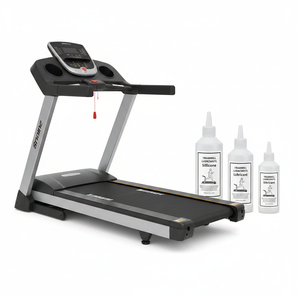 Treadmill with three bottles of treadmill lubricant on a white background, featuring the UPC code 21147.