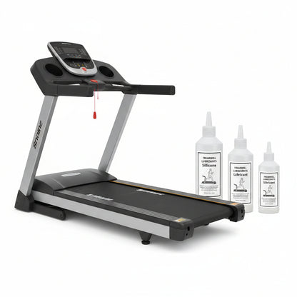 Treadmill with three bottles of treadmill lubricant on a white background, featuring the UPC code 21147.