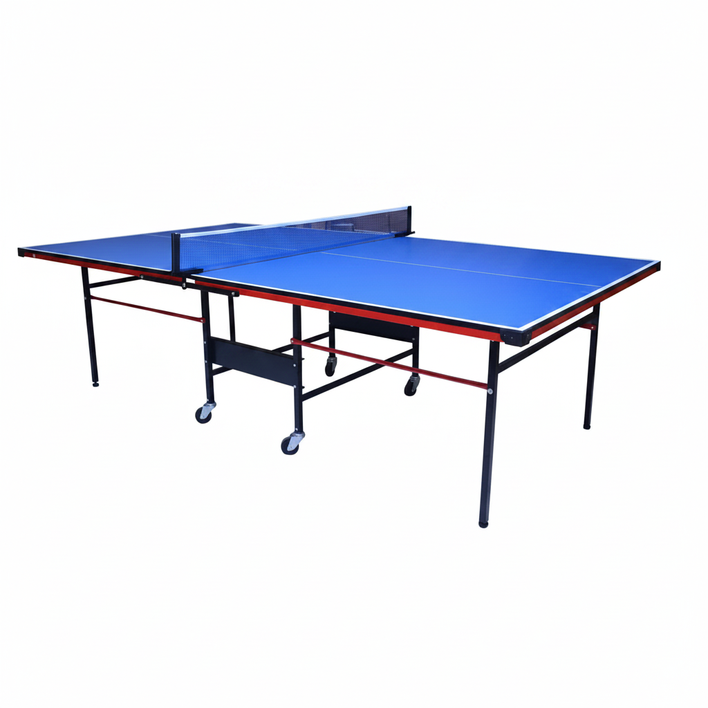 Blue table tennis table with 'Made in India' text and UPC code on a white background
