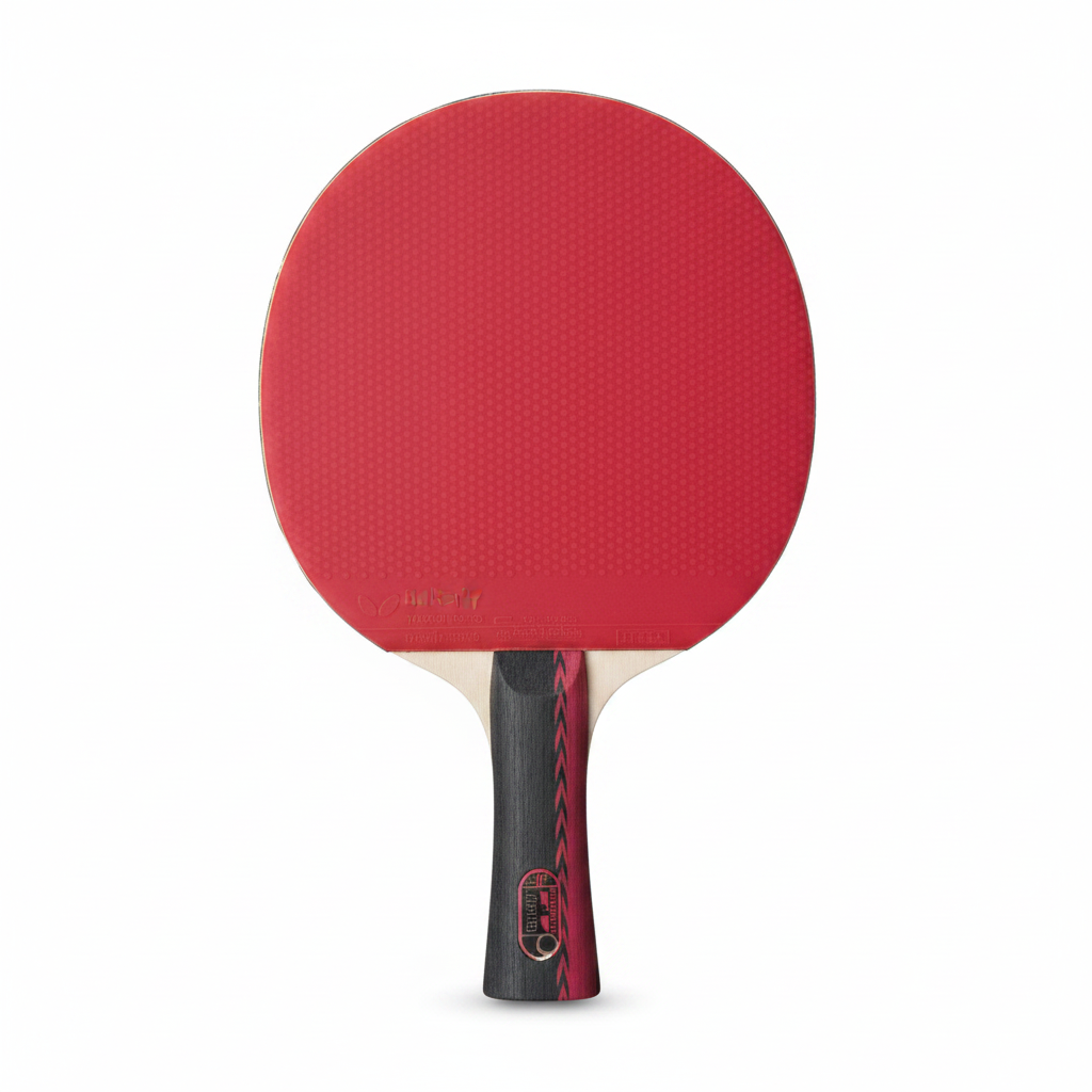 BUTTERFLY 303 CS – The Butterfly 303 Chinese Penhold Table Tennis Racket Set is a unique ping pong paddle with 2 different types of table tennis rubbers with a Chinese penhold grip.
RUBBER AND SPONGE - This ITTF approved Butterfly table tennis racket offers sticky pips in Yuki 2.1mm table tennis rubber on the backhand and pips out Magnitude 1.9mm table tennis rubber on the forehand.
CHINESE PENHOLD GRIP – This ping pong paddle has a unique short chinese penhold handle, which is gripped like you would hold a