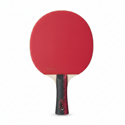 BUTTERFLY 303 CS – The Butterfly 303 Chinese Penhold Table Tennis Racket Set is a unique ping pong paddle with 2 different types of table tennis rubbers with a Chinese penhold grip.
RUBBER AND SPONGE - This ITTF approved Butterfly table tennis racket offers sticky pips in Yuki 2.1mm table tennis rubber on the backhand and pips out Magnitude 1.9mm table tennis rubber on the forehand.
CHINESE PENHOLD GRIP – This ping pong paddle has a unique short chinese penhold handle, which is gripped like you would hold a