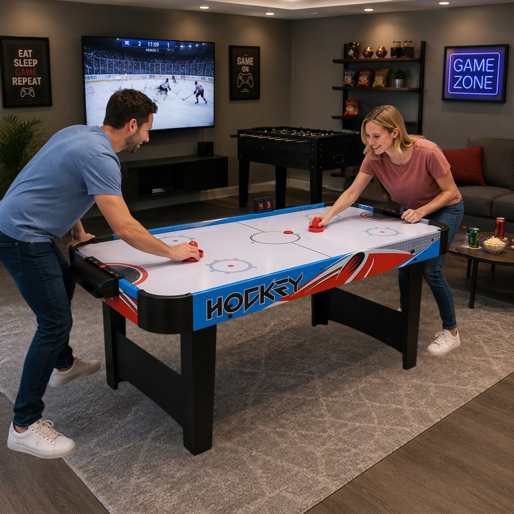 This air hockey table for adults has a fan motor for even,