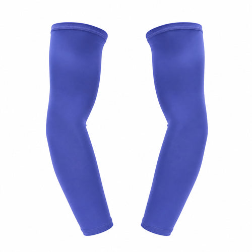 A pair of royal blue athletic arm sleeves with white Nike swoosh logos near the cuffs, displayed against a solid white background.