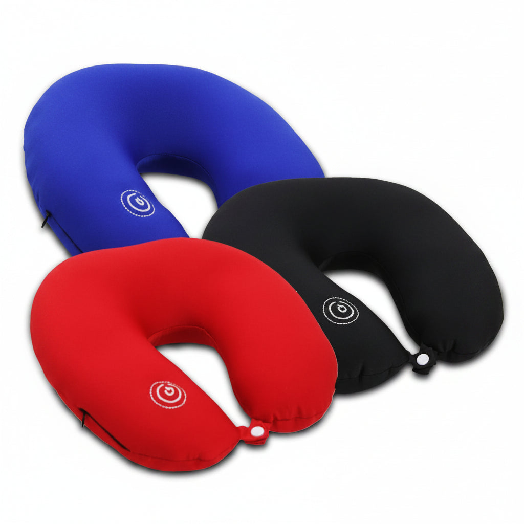 Three neck pillows in blue, red, and black on a white background