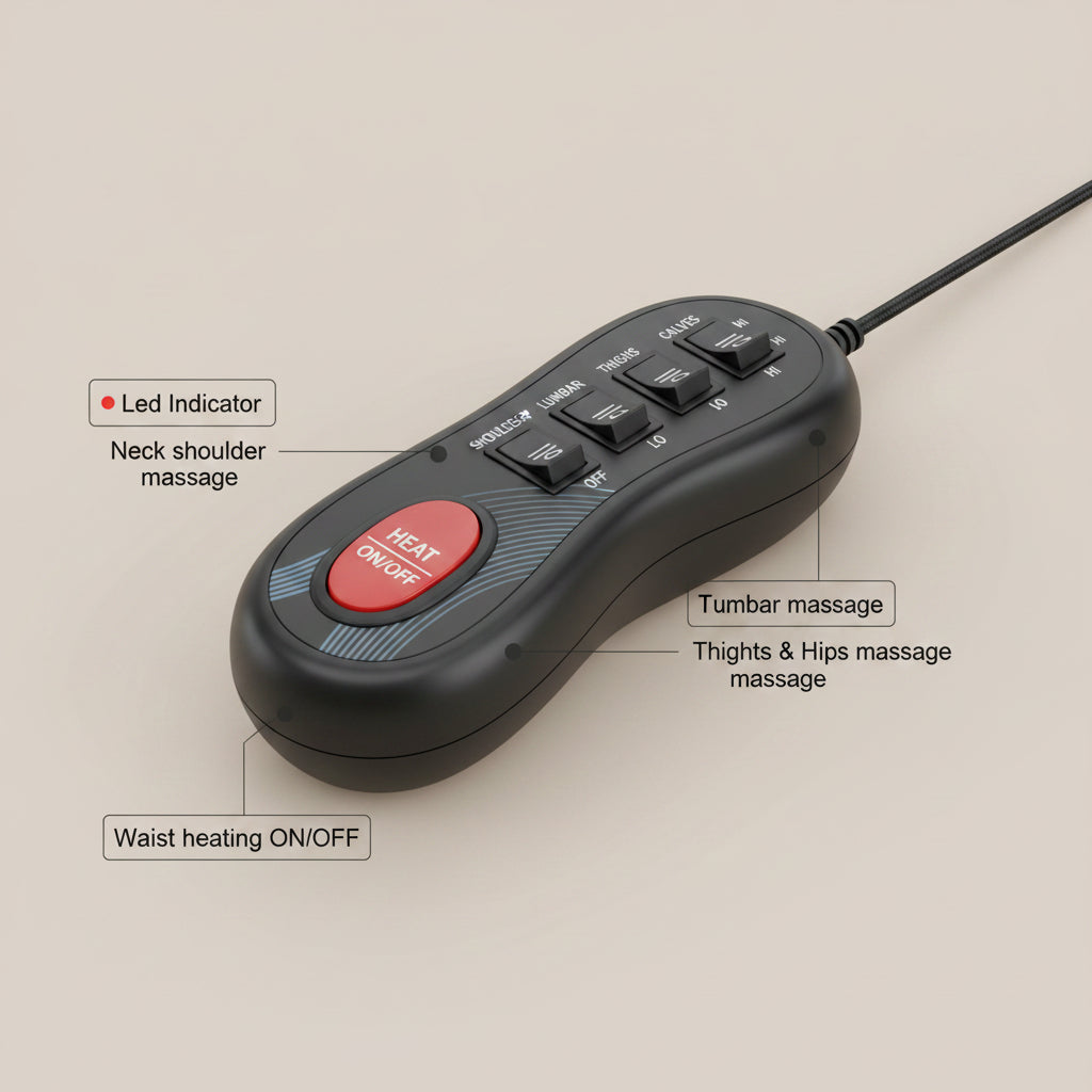Massage device control panel with labeled buttons on a beige background