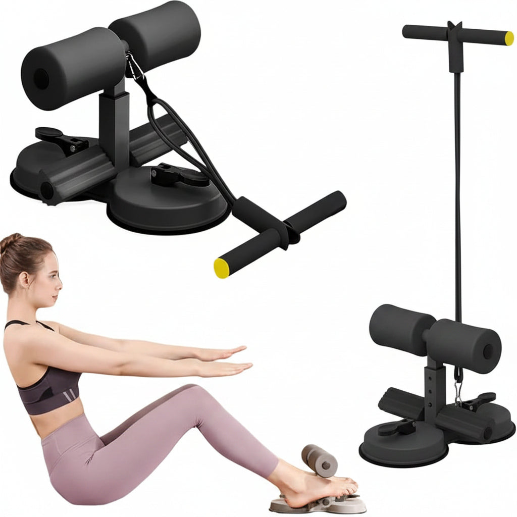 A set of abdominal exercise devices shown on a white background, including a reclining abdominal trainer with a T-bar handle, a standing abdominal trainer with a T-bar handle, and a woman demonstrating the abdominal trainer in use.