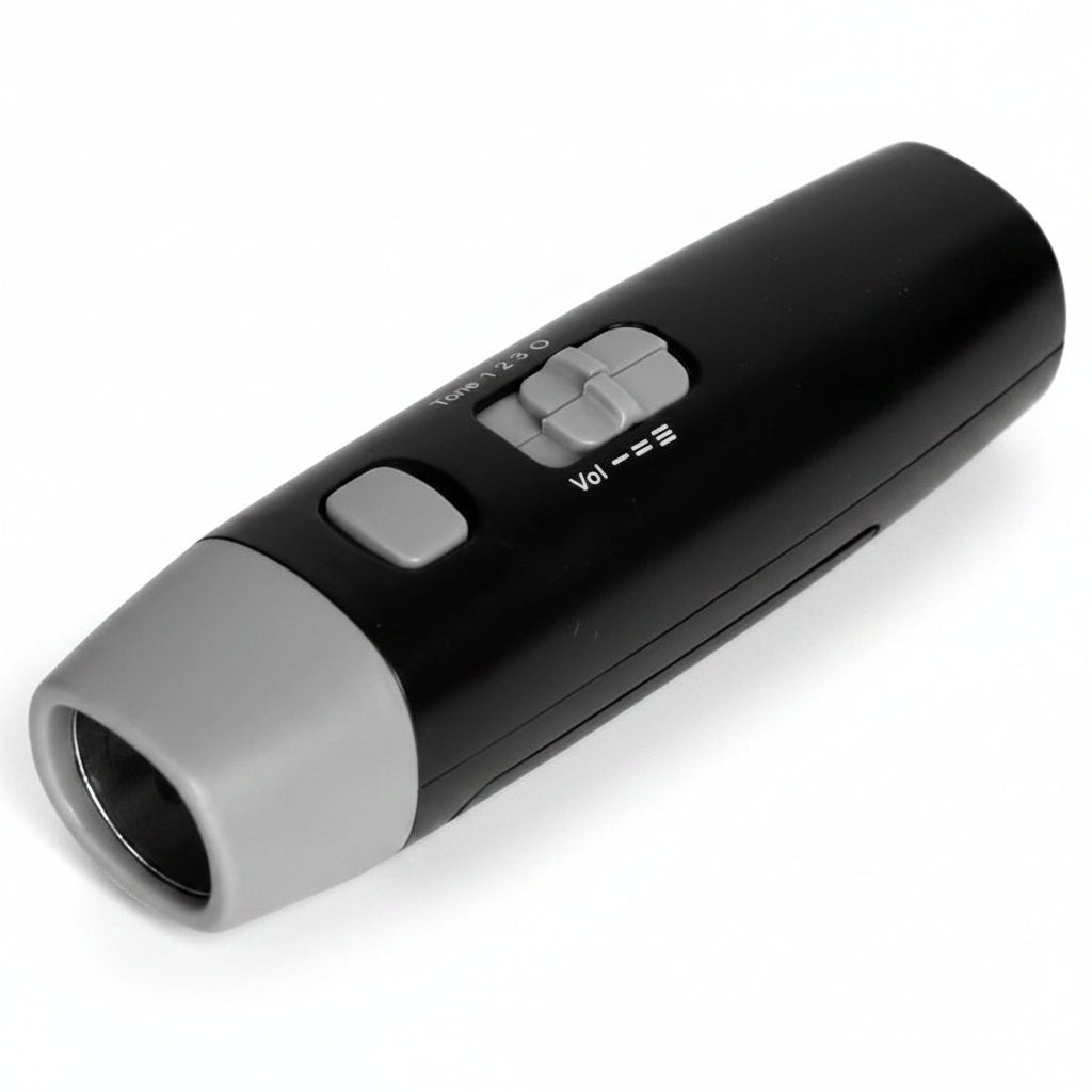 Black and gray electronic device with buttons on a white background