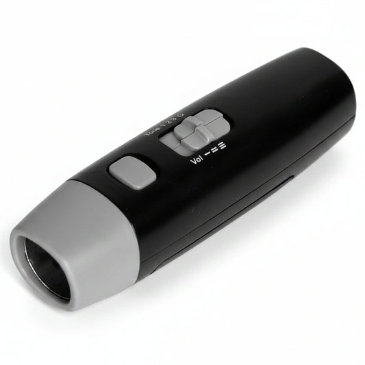 Black and gray electronic device with buttons on a white background