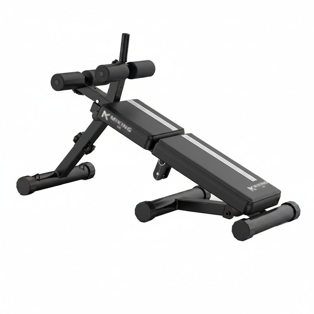 Black adjustable workout bench on a white background