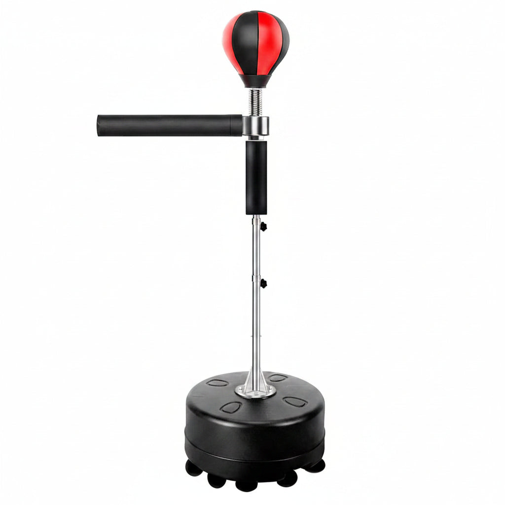Black and red punching bag with stand on a white background