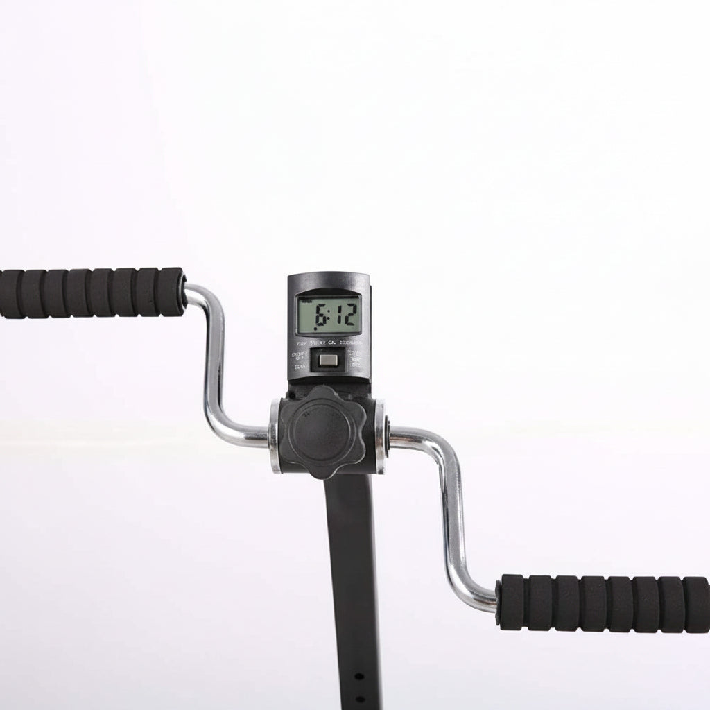 Digital tire pressure gauge with black handle on a white background