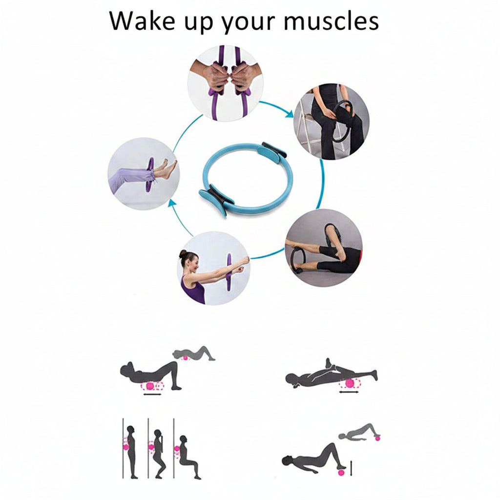 Exercising with a resistance band, showing various exercises on a white background.