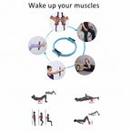 Exercising with a resistance band, showing various exercises on a white background.