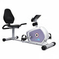Recumbent exercise bike with a purple console on a white background