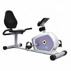 Recumbent exercise bike with a purple console on a white background