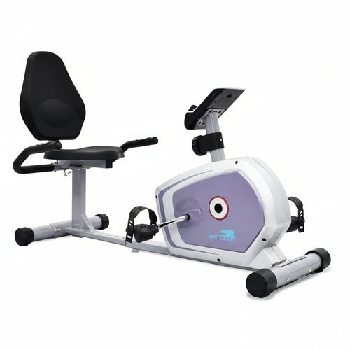 Recumbent exercise bike with a purple console on a white background