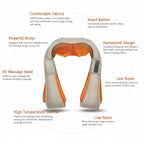 Neck and shoulder massager with features listed on a white background