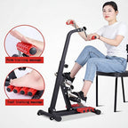 Person using a home exercise machine with inset images showing palm and foot massage features.