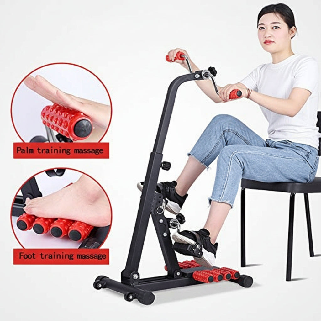 Person using a home exercise machine with inset images showing palm and foot massage features.