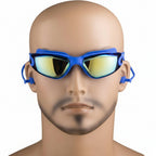 Blue Speedo swim goggles with mirrored lenses displayed on a mannequin head against a white background.