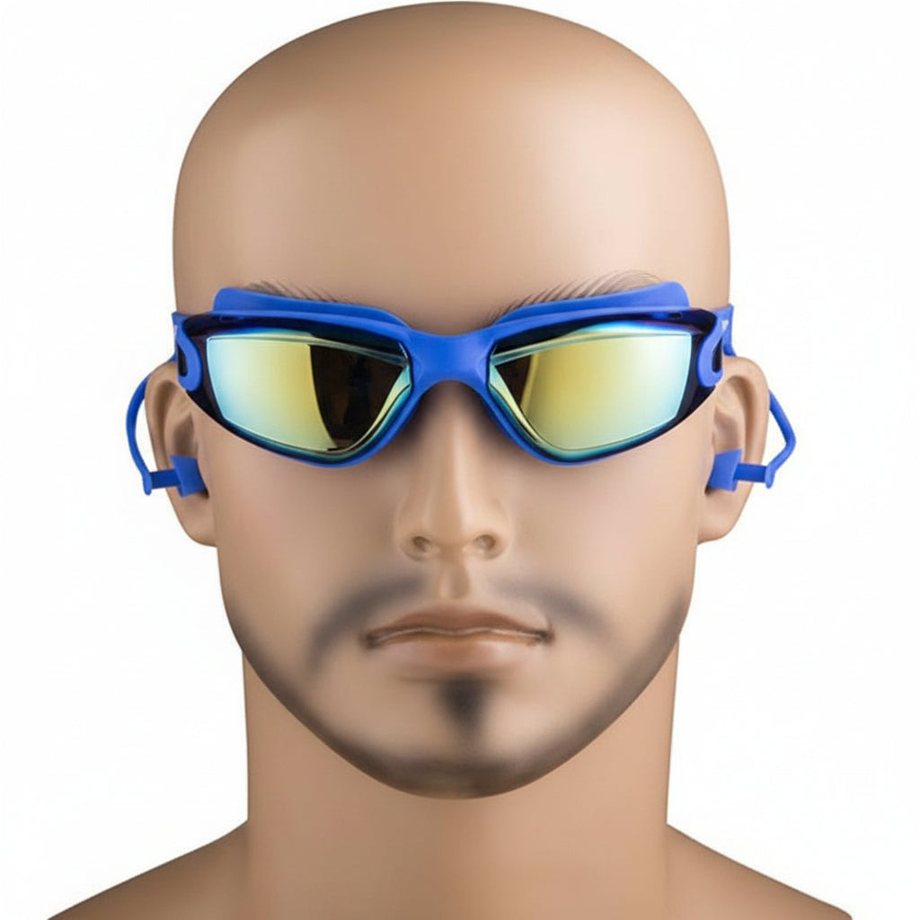 Blue Speedo swim goggles with mirrored lenses displayed on a mannequin head against a white background.
