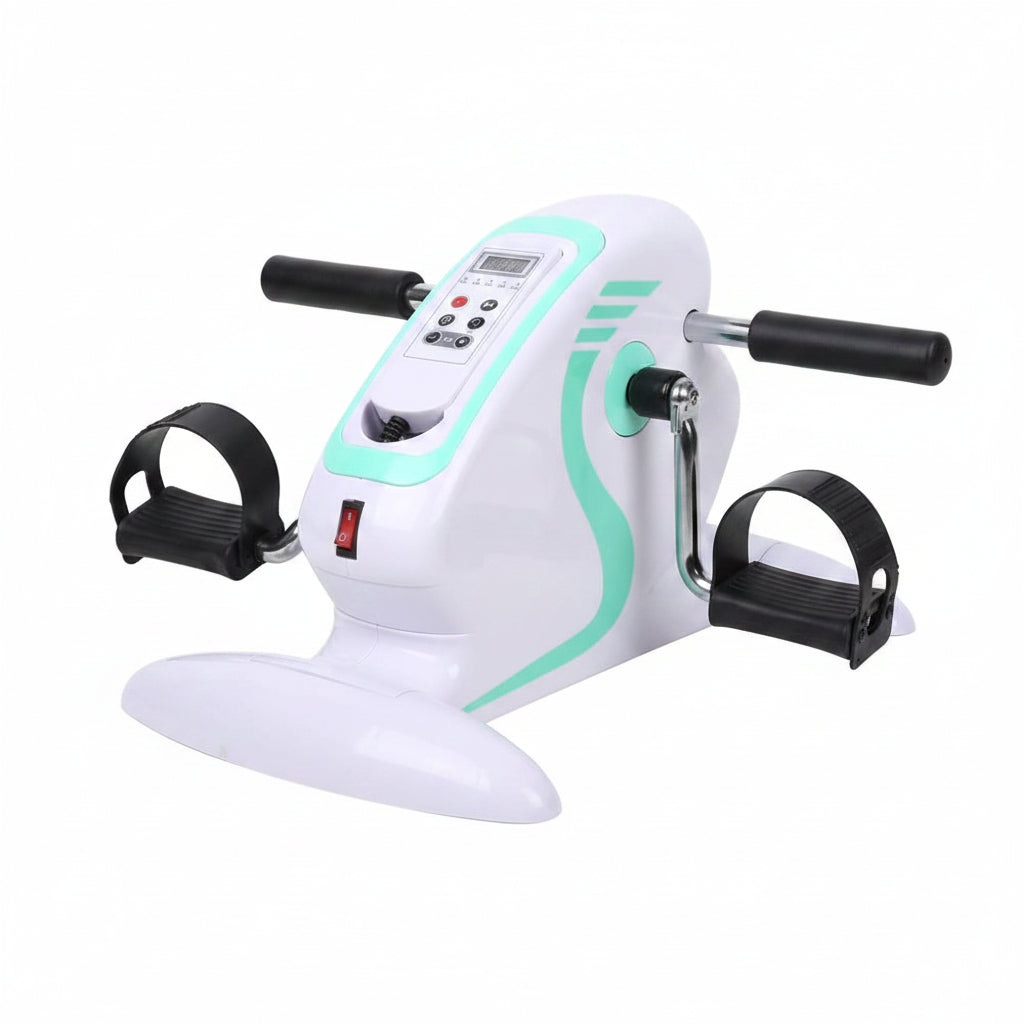 White exercise bike with green accents and dimensions labeled on a white background