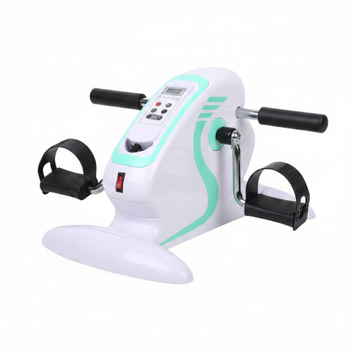 White exercise bike with green accents and dimensions labeled on a white background