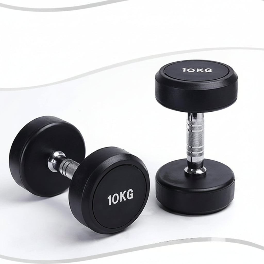Pair of black dumbbells with '10KG' marking on a white background