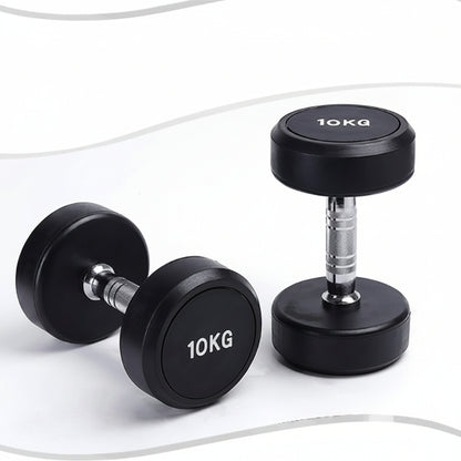 Pair of black dumbbells with '10KG' marking on a white background