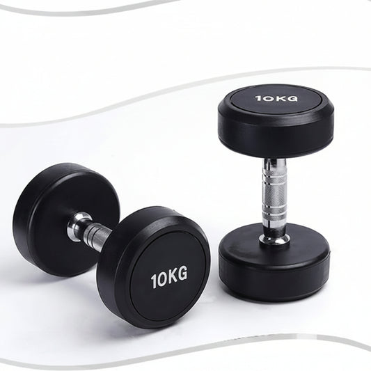 Pair of black dumbbells with '10KG' marking on a white background