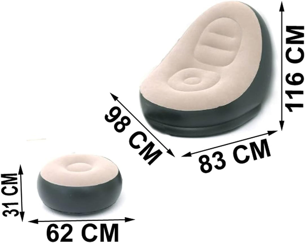 Two inflatable bean bag chairs shown on a white background with dimension arrows and labels indicating height, width, and depth in centimeters.