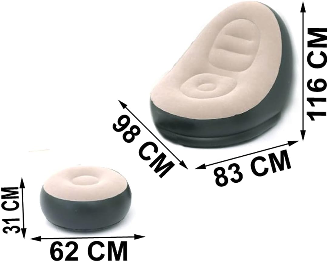 Two inflatable bean bag chairs shown on a white background with dimension arrows and labels indicating height, width, and depth in centimeters.