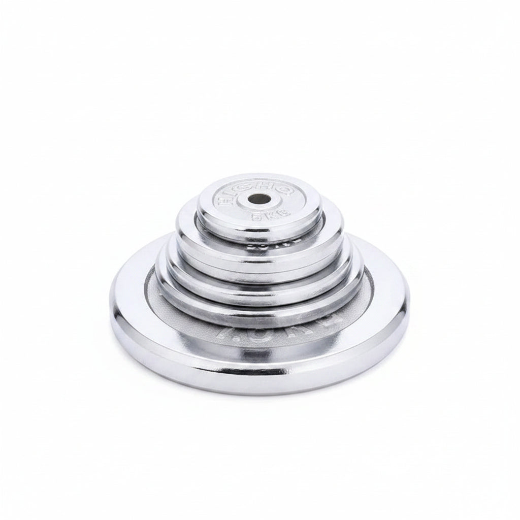 Set of four silver weight plates with 'HIGH Q' branding on a white background