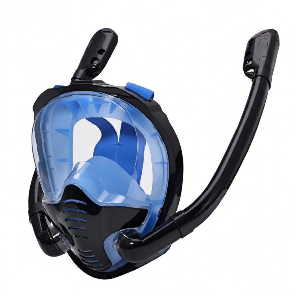 A full-face snorkeling mask with a black frame and a clear blue-tinted visor, accompanied by a black mouthpiece tube, shown against a plain white background.