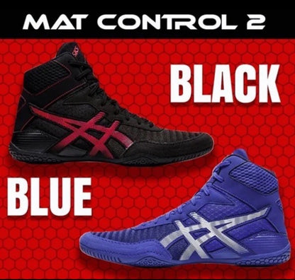 Two high-top athletic shoes shown on a red patterned background with large text labels. The top shoe is black with a dark red side stripe and the word BLACK above it; the bottom shoe is blue with a silver side stripe and the word BLUE below it.