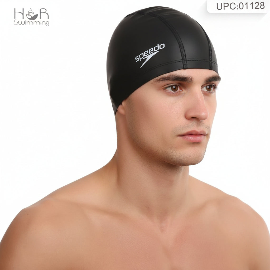 A man wearing a black Speedo swimming cap, shown from the chest up against a plain white background. The H&R Swimming logo is visible in the top-left corner, and a UPC code is in the top-right.