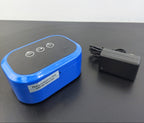 A blue and black UV germicide lamp shown next to its black power adapter on a dark gray surface, with a white background. The brand logo 'H&R MEDICINES' is visible in the top left corner, and a UPC code is in the top right.