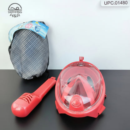 A red full-face snorkel mask with a clear dome, a red snorkel tube, a black mesh carrying bag, and a small sign reading 'WE ARE H&R' on a white background.