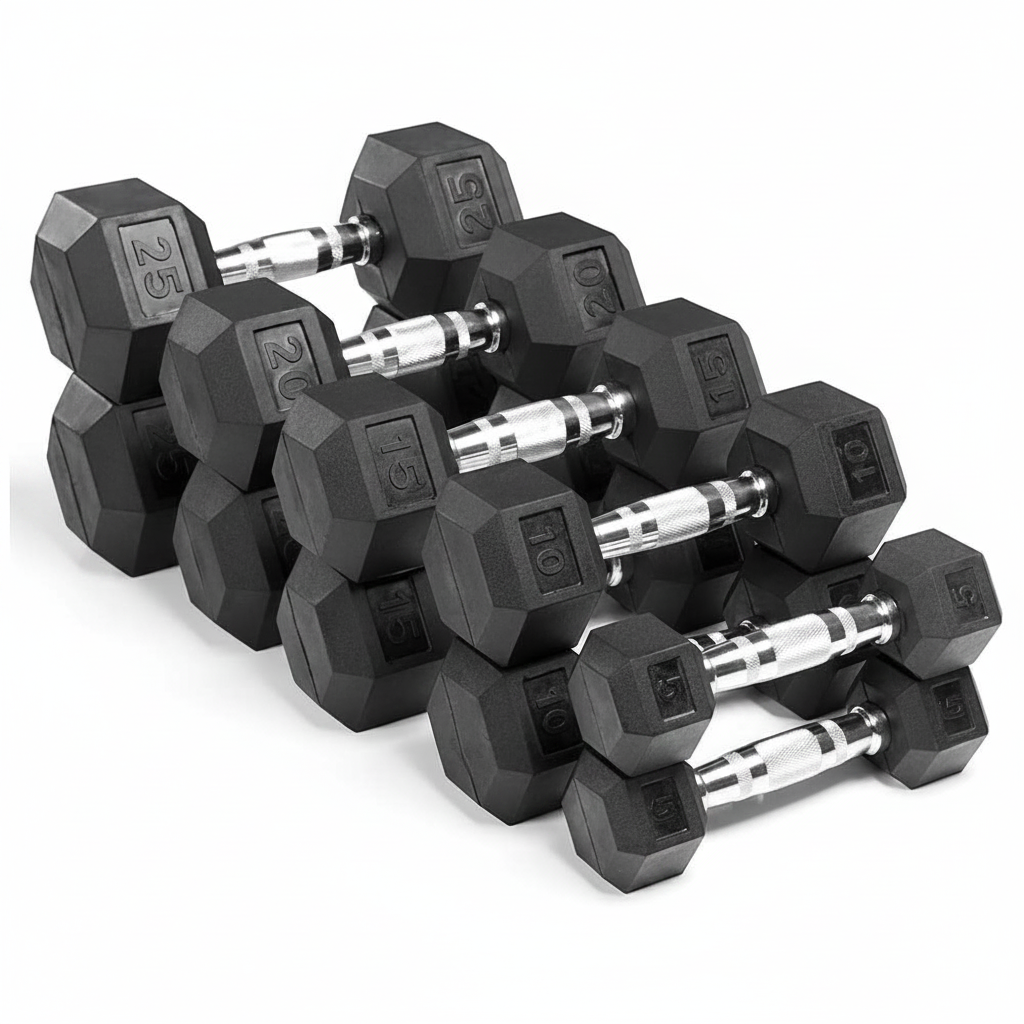 Set of black hexagonal dumbbells on a white background