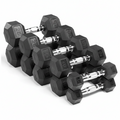 Set of black hexagonal dumbbells on a white background