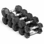 Set of black hexagonal dumbbells on a white background