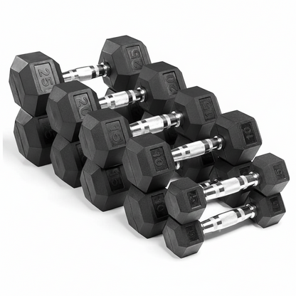Set of black hexagonal dumbbells on a white background
