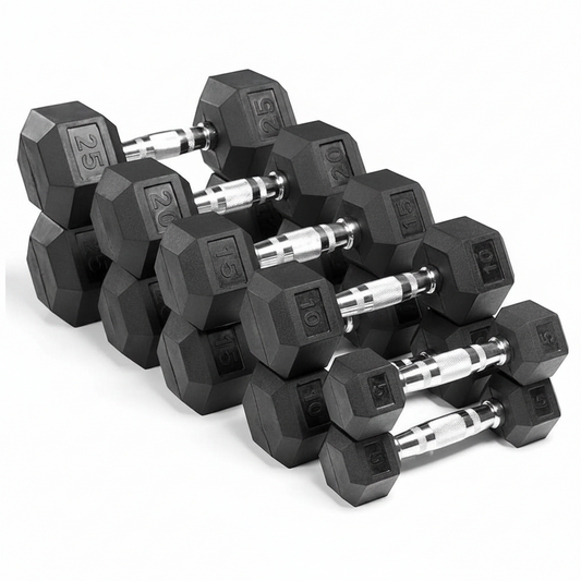 Set of black hexagonal dumbbells on a white background