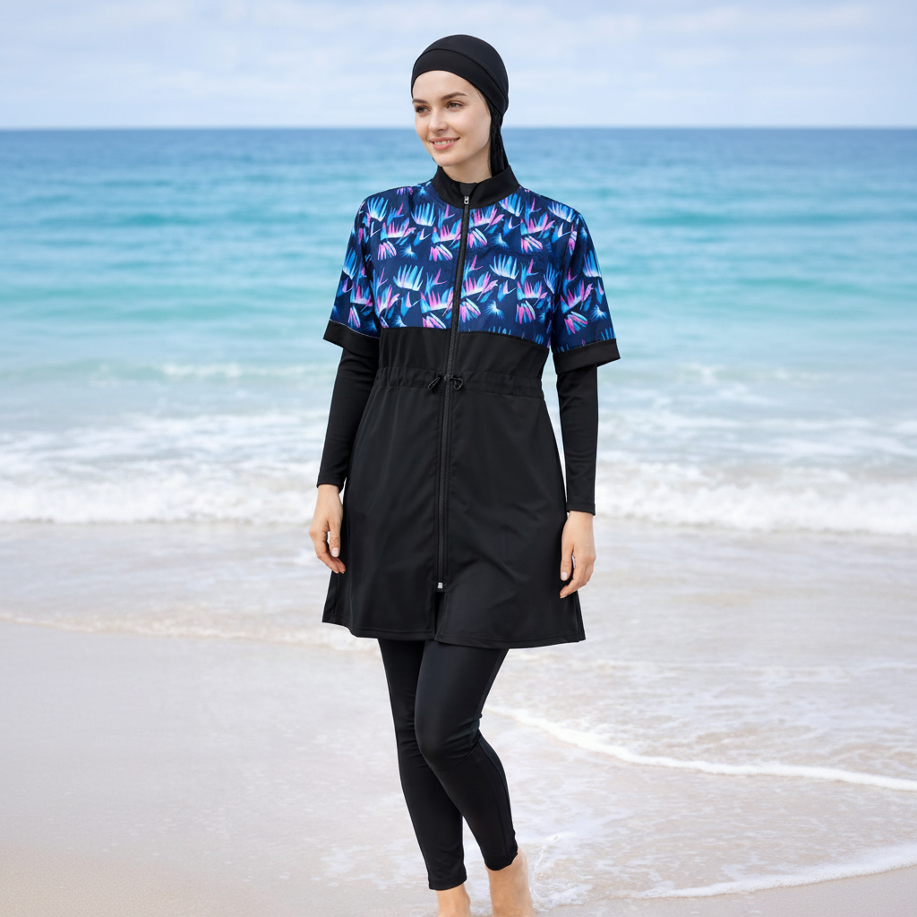 A woman wearing a black full-length swim cover-up with a blue, purple, and pink tropical leaf pattern on the upper chest and sleeves, paired with black leggings and a black head covering, standing on a beach with the ocean in the background.