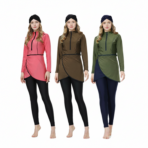 Three women modeling long-sleeve asymmetrical wrap-front swim trunks in pink, brown, and olive green, paired with black and navy leggings, against a plain white background.